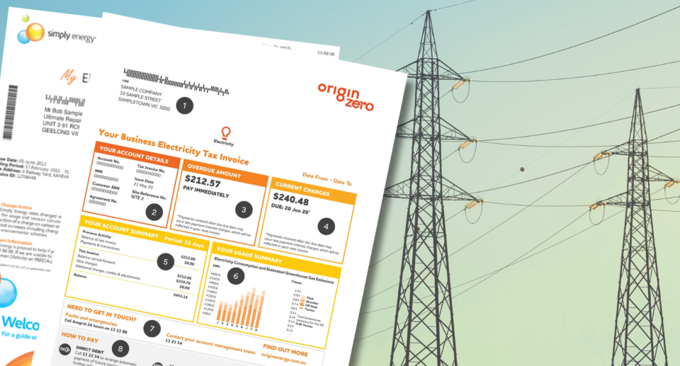 Electricity bills on background of powerlines.