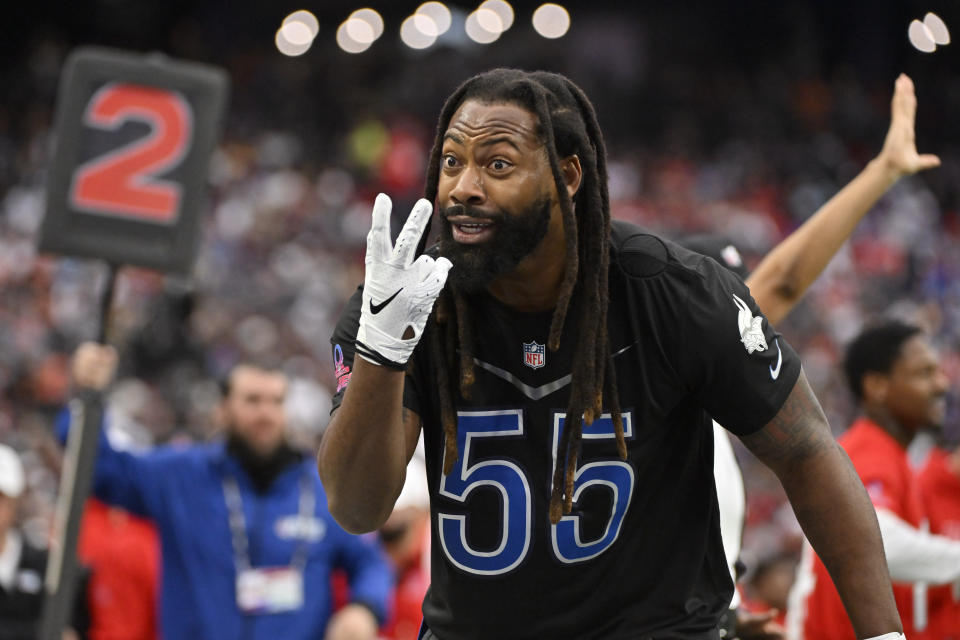 NFC outside linebacker Za'Darius Smith (55) of the Minnesota Vikings reacts during the flag football event at the NFL Pro Bowl against the AFC, Sunday, Feb. 5, 2023, in Las Vegas. (AP Photo/David Becker)