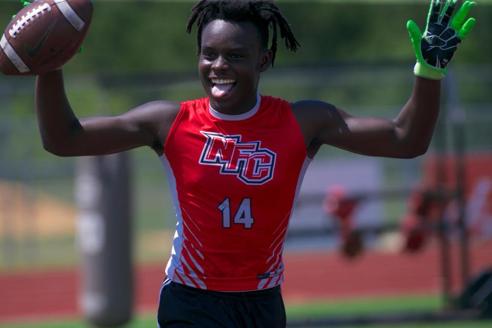 North Florida Christian sophomore Donovan Graven reacts to intercepting the ball during 7-v-7 football on June 8, 2022, at Chiles High School