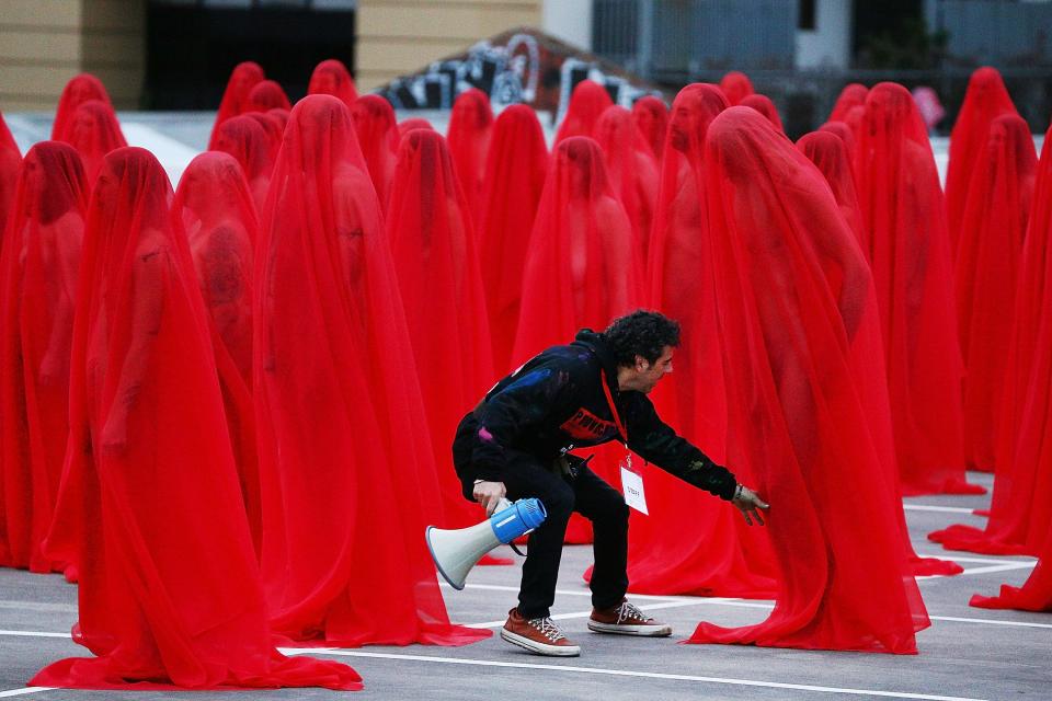 Participants pose as part of Tunick's nude art installation Return of the Nude on July 9, 2018 in Melbourne, Australia.