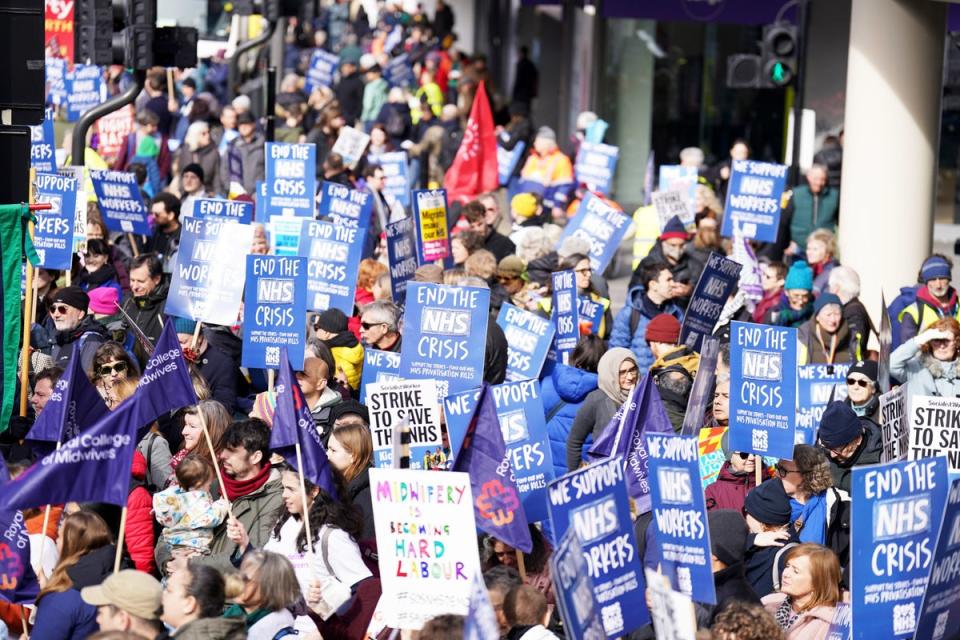 Demonstrators attend a protest rally in support of Britain's National Health Service (PA)