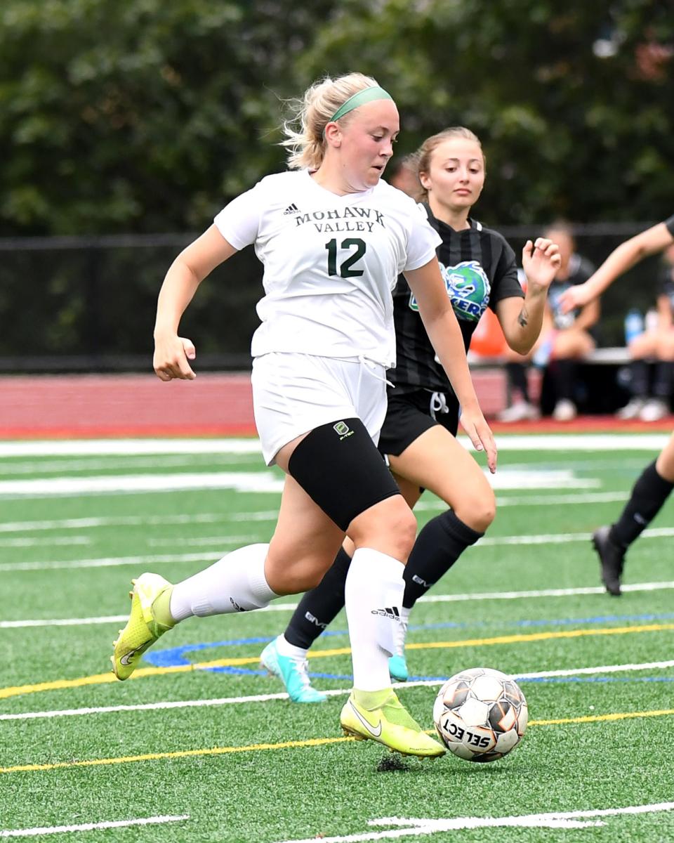 Jazmyn Gillette (12) advances the ball for Mohawk Valley Community College during an Aug. 28, 2021, match against Finger Lakes Community College. The Central Valley Academy graduate was the most valuable player in the Region III tournament last month and will be playing close to home in the NJCAA's national tournament in Herkimer this week.