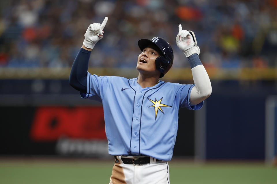 Tampa Bay Rays second baseman Yu Chang reacts after hitting an RBI-single against the Baltimore Orioles during the sixth inning of a baseball game Saturday, Aug. 13, 2022, in St. Petersburg, Fla. (AP Photo/Scott Audette)