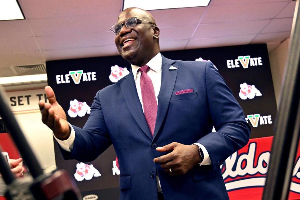 Fresno State athletics director Terry Tumey smiles as he performs interviews after a press conference explaining aspects of the $250 million athletics upgrade plan Tuesday, May 9, 2023 in Fresno.