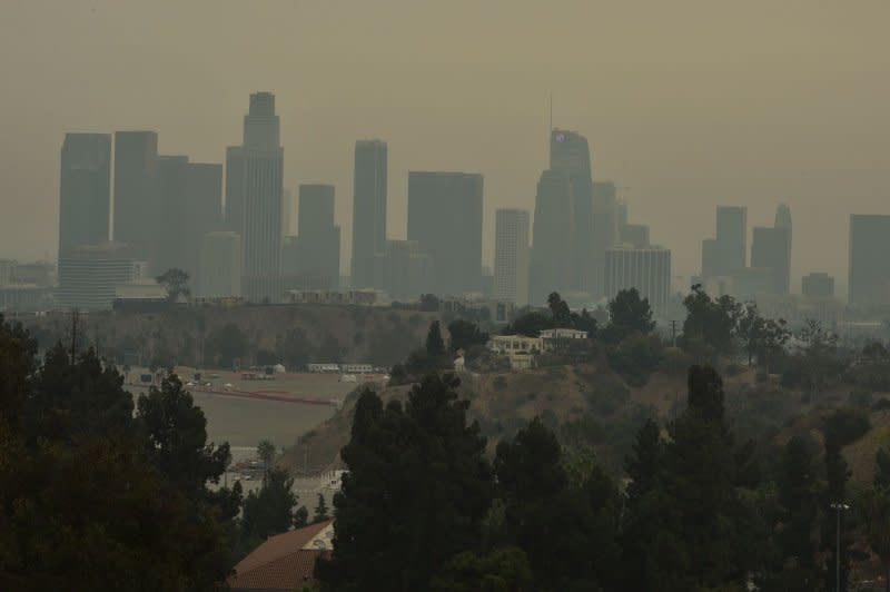 The downtown Los Angeles skyline is shrouded in smoke from the Bobcat Fire in the foothills of Monrovia, California, on September, 11, 2020. Wildfires have undercut progress made in cleaning America's air, and between 2000 and 2020 caused an increase of 670 premature deaths each year in the West, researchers reported Monday. File Photo by Jim Ruymen/UPI