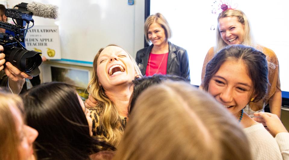 Stephanie Yanik, a middle school math teacher at The Sanibel School, was awarded the Golden Apple on Thursday, March 16, 2023.