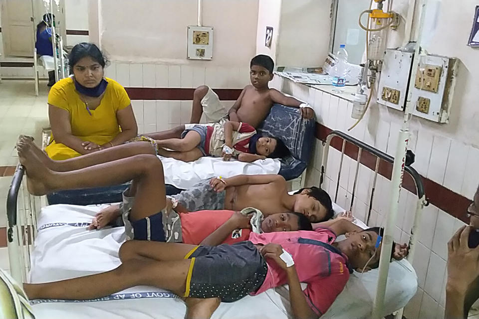 EDITORS NOTE: Graphic content / Children affected by a gas leak from an LG Polymers plant lay on beds at the King George hospital in Visakhapatnam on May 7, 2020. - At least five people have been killed and 1,000 hospitalised after a gas leak at a chemicals plant on the east coast of India, authorities said on May 7, warning the death toll would climb. The gas leaked out of two 5,000-tonne tanks that had been unattended due to India's coronavirus lockdown in place since late March, according to a local police officer. (Photo by - / AFP) (Photo by -/AFP via Getty Images)