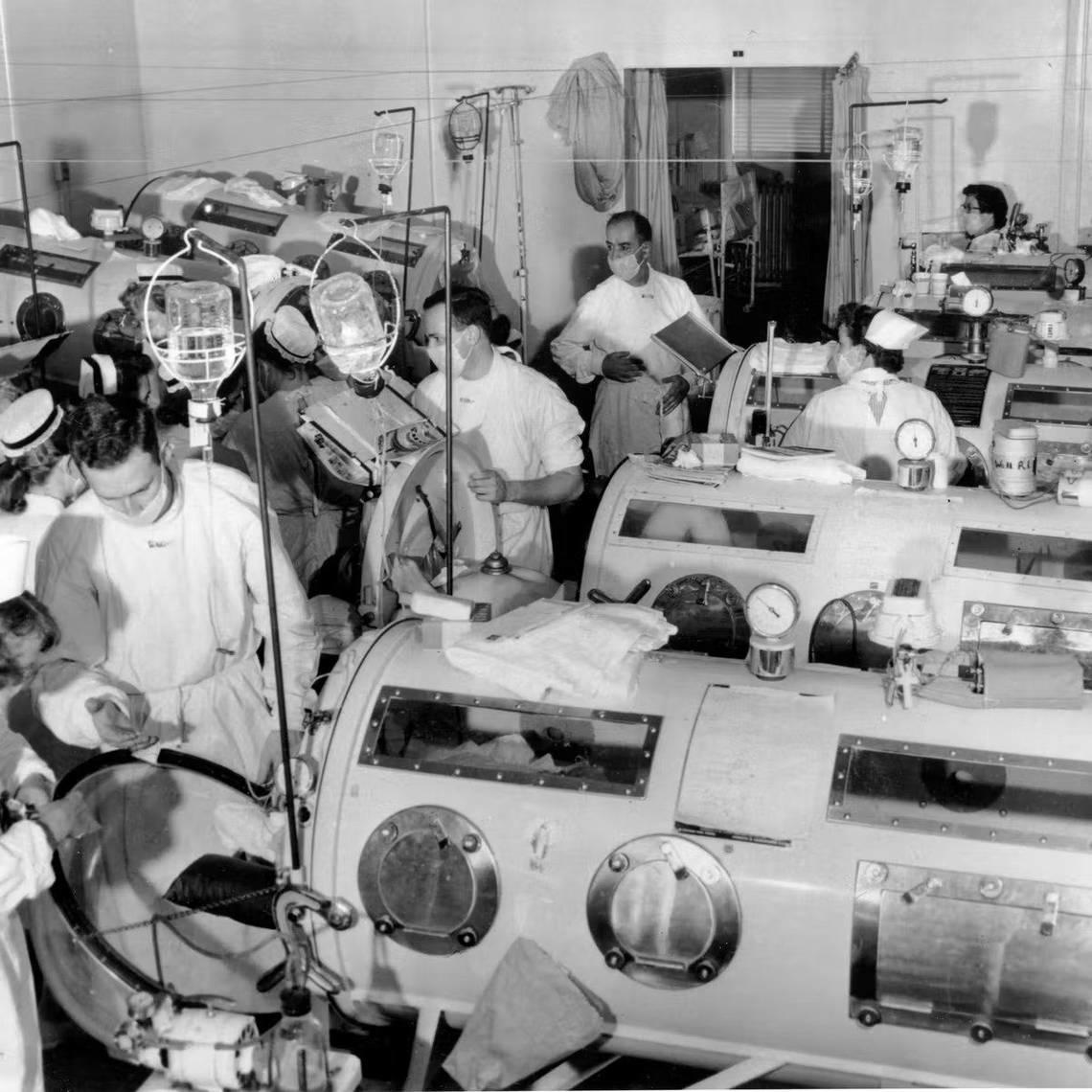 An emergency polio ward in Boston in 1955 equipped with iron lungs, pressurized respirators that acted as breathing muscles for polio victims, who often were paralyzed.