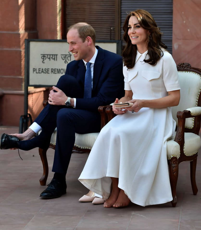 Sometimes going without shoes is about more than just cooling off your barking dogs. On the royal couple’s tour of India in April 2016, they visited Mahatma Gandhi’s final home, which is also where he was assassinated, and they followed protocol by removing their shoes before entering. Poor Kate generated headlines over her “un-pedicured feet.” (Photo: Samir Hussein/Pool/WireImage)