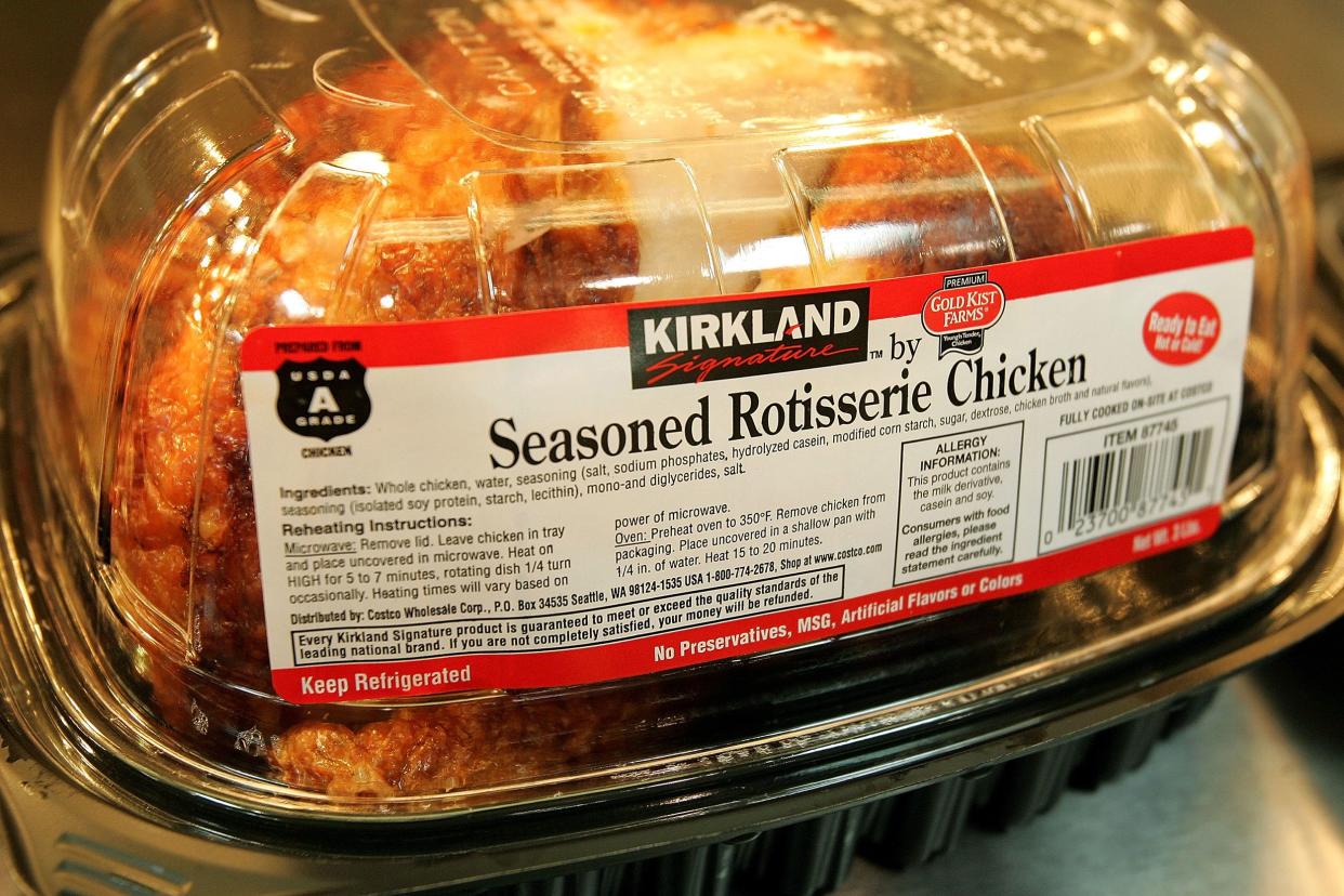 Kirkland Signature premium brand roasted rotisserie chicken sits at a Costco store June 16, 2005 in Niles, Illinois