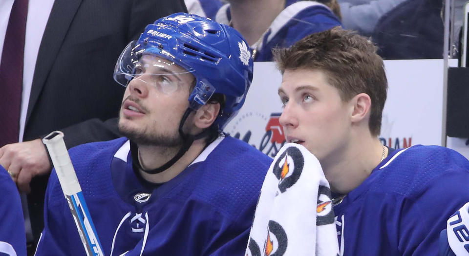 Matthews, left, and Marner have developed a special bond on and off the ice. (Tom Szczerbowski-USA TODAY Sports)