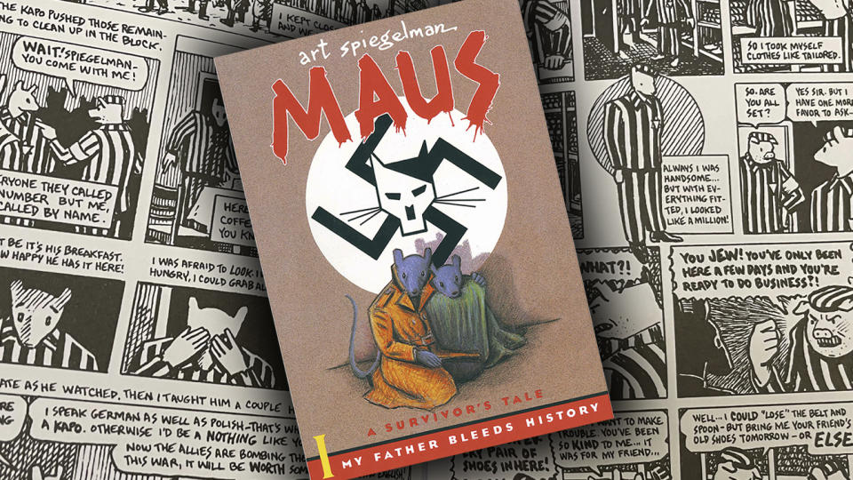 The cover of the book Maus layered on top of art from the inside pages.