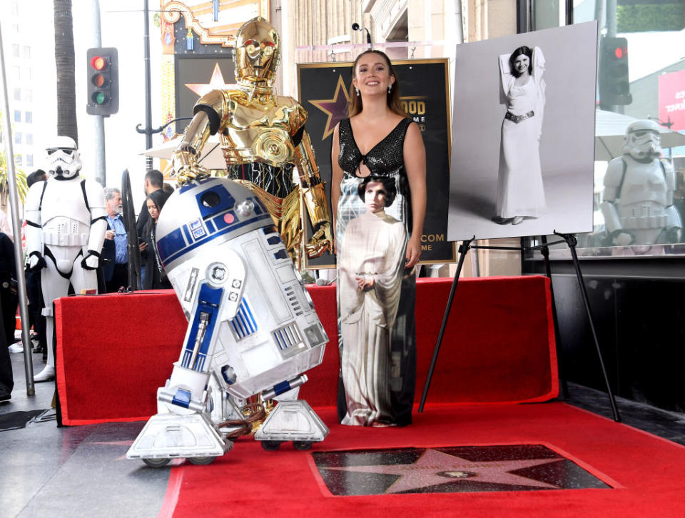 HOLLYWOOD, CALIFORNIA - MAY 04: Billie Lourd and characters from Star Wars attend Carrie Fisher's Posthumous Star Ceremony on The Hollywood Walk Of Fame on May 04, 2023 in Hollywood, California. (Photo by Albert L. Ortega/Getty Images)