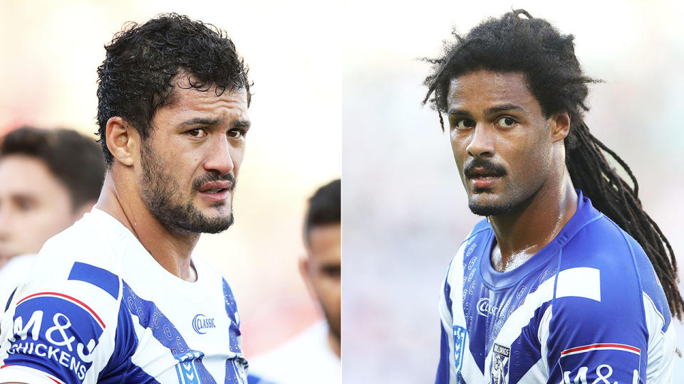 Pictured here, stood down Bulldogs pair Corey Harawira-Naera and Jayden Okunbor.