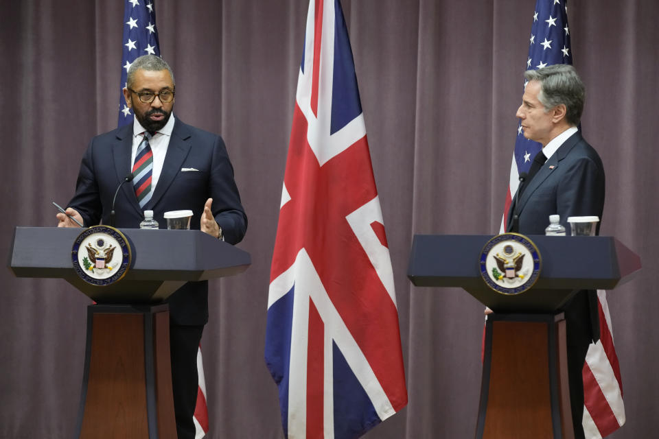 British Foreign Secretary James Cleverly speaks alongside Secretary of State Antony Blinken during a joint press conference, Tuesday, May 9, 2023, at the U.S. State Department in Washington. (AP Photo/Patrick Semansky)