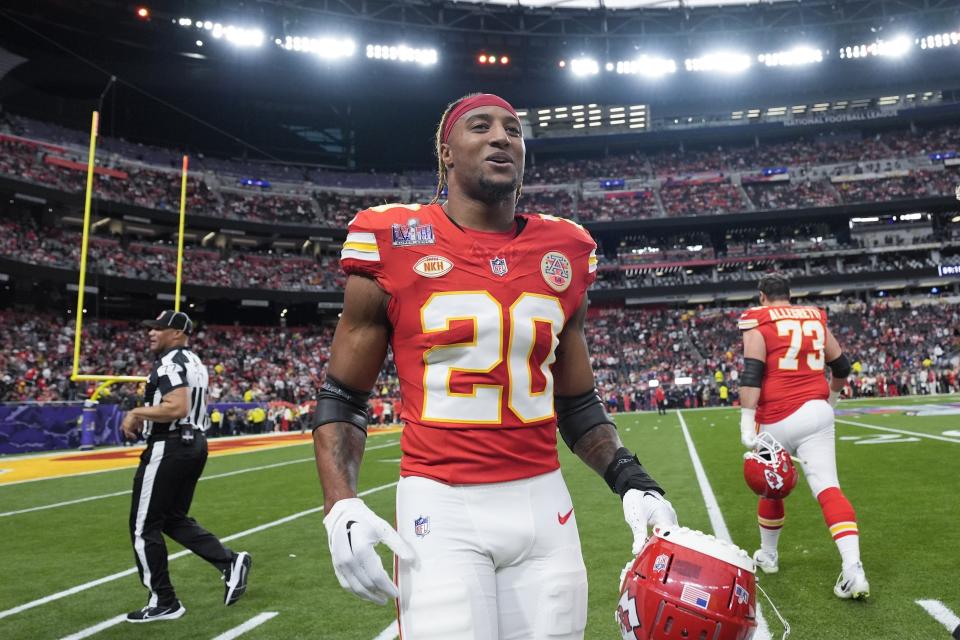 FILE - Kansas City Chiefs safety Justin Reid (20) warms up before the NFL Super Bowl 58 football game against the against the San Francisco 49ers, Sunday, Feb. 11, 2024, in Las Vegas. The Chiefs are considering the possibility of Reid handling some kickoffs. (AP Photo/John Locher, File)