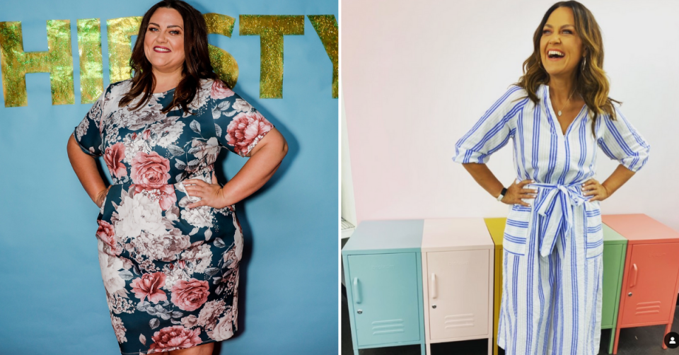 Left, Chrissie Swan stands in pink, silver and green floral dress; right, a much thinner Swan stands in a striped dress in front of pastel coloured lockers.