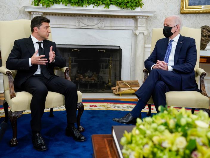 US President Joe Biden meets with Ukrainian President Volodymyr Zelensky in the Oval Office on September 1, 2021