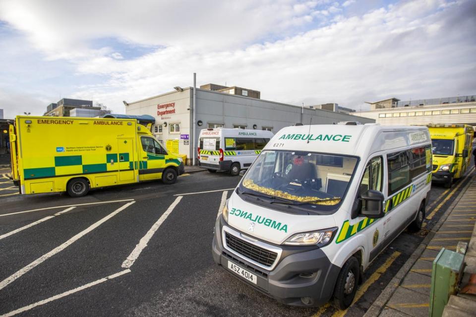 Ambulance parked outside main entrance to the Emergency Department of Dundonald Hospital in Belfast, Northern Ireland. (Liam McBurney/PA) (PA Wire)