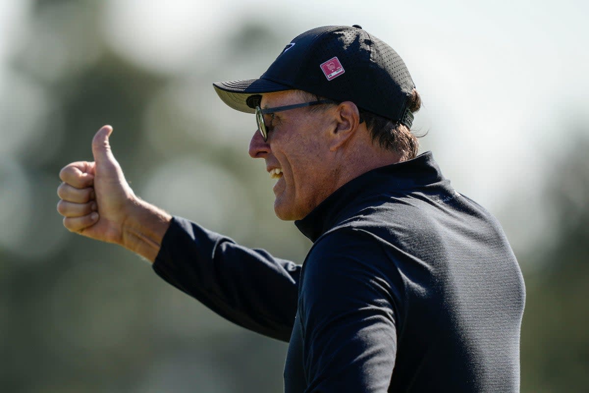 Phil Mickelson reacts on the 18th hole after a final round of 65 in the Masters (David J. Phillip/AP) (AP)