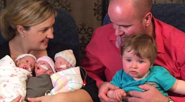 Pippa and Brian Donnelly with their triplets and older brother Archie. Photo: 7News