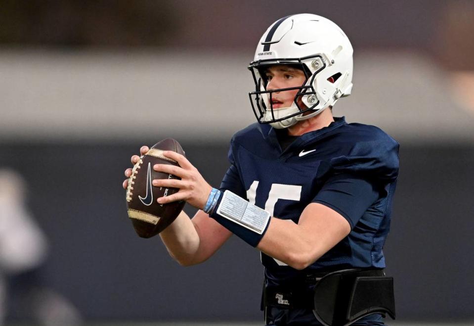 Penn State quarterback Drew Allar drops back to make a pass during practice on Wednesday, Nov. 8, 2023. Abby Drey/adrey@centredaily.com