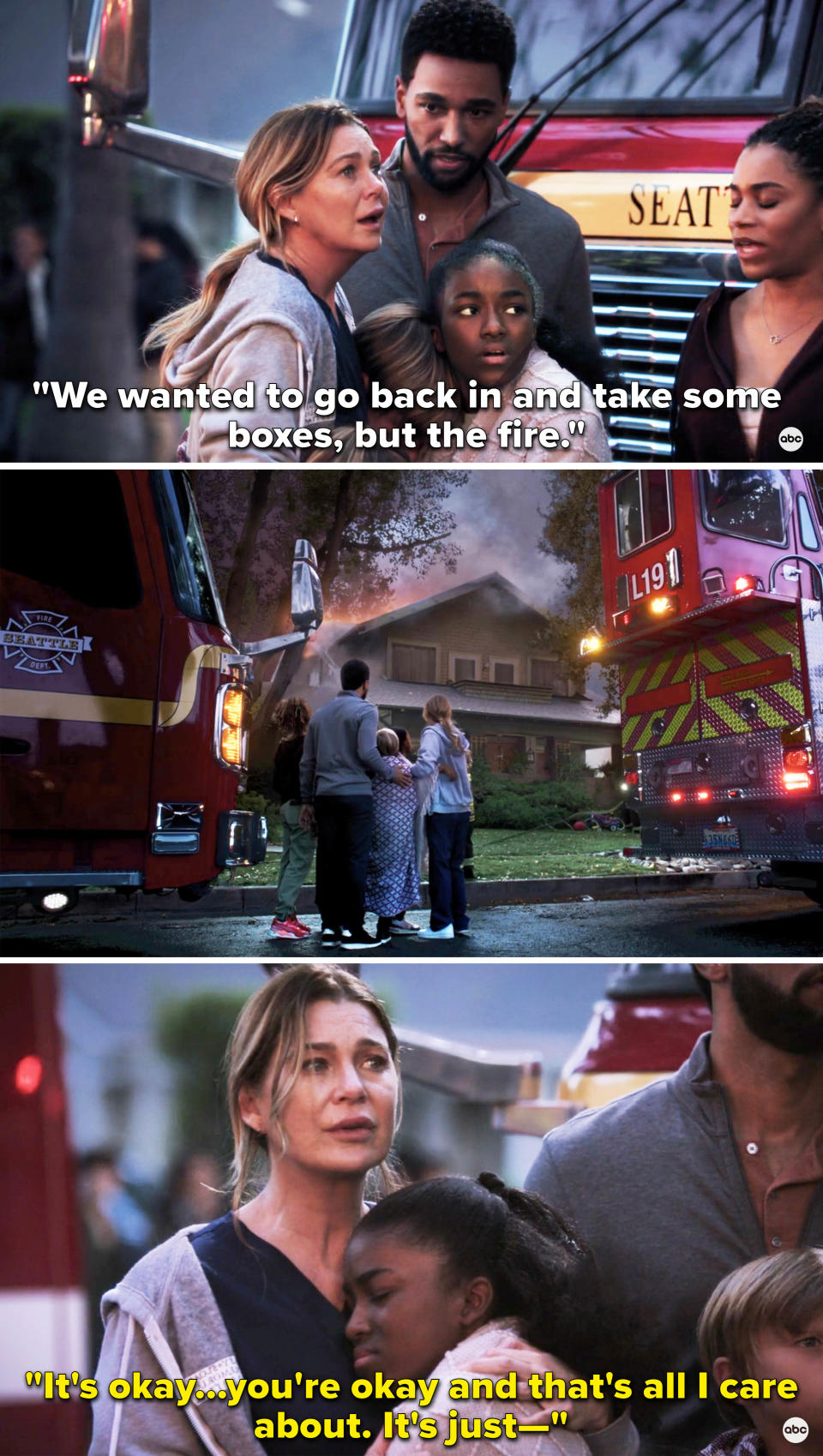 Meredith and her family standing outside their burning house