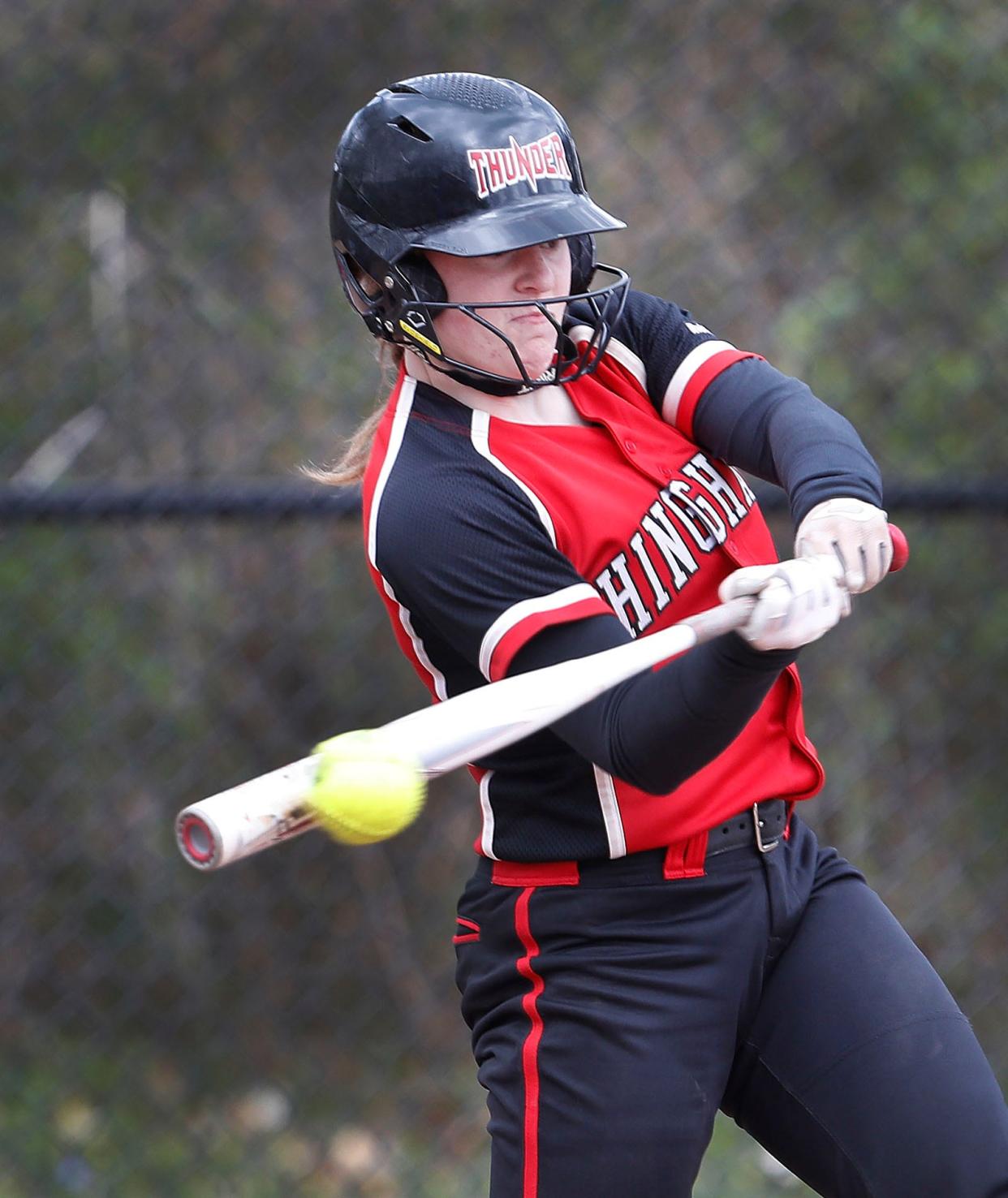 Jess Mulrey cracks a single.Hingham hosts Silver Lake in softballon Tuesday April 18, 2023 