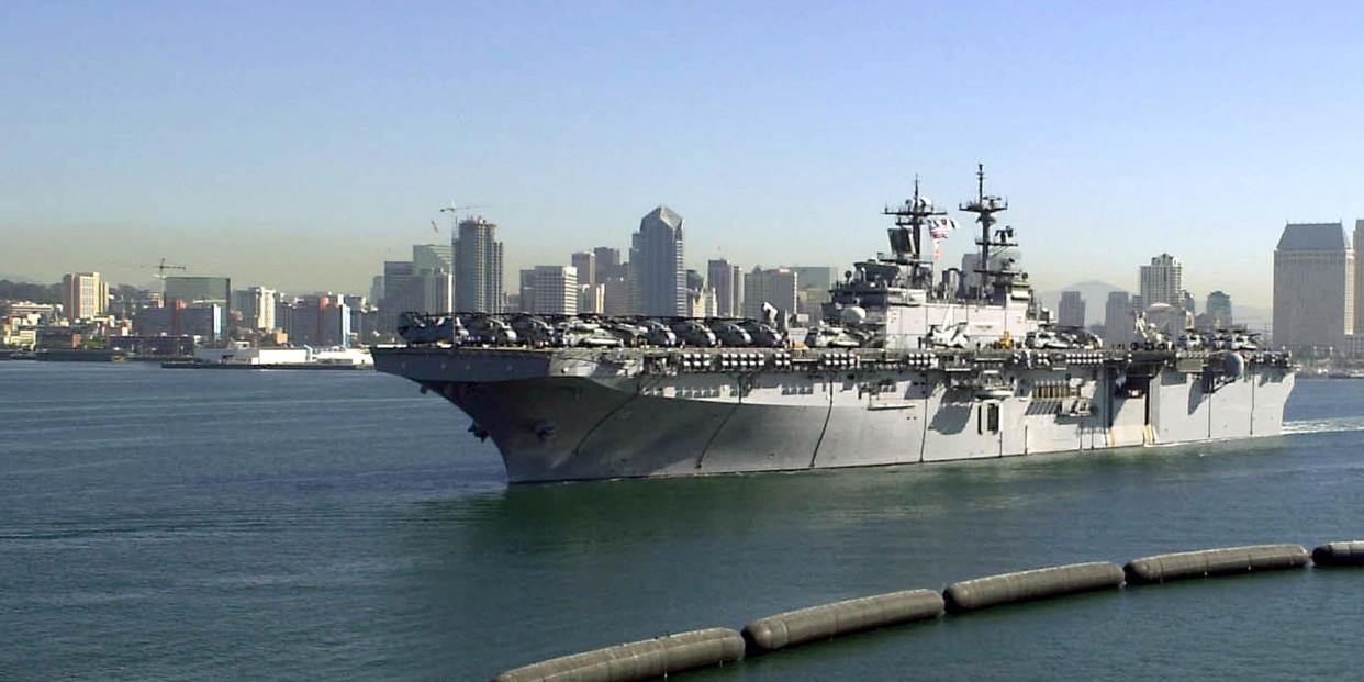 USS Boxer (LHD 4) departs from Naval Air Station North Island January 14, 2004 in San Diego, California