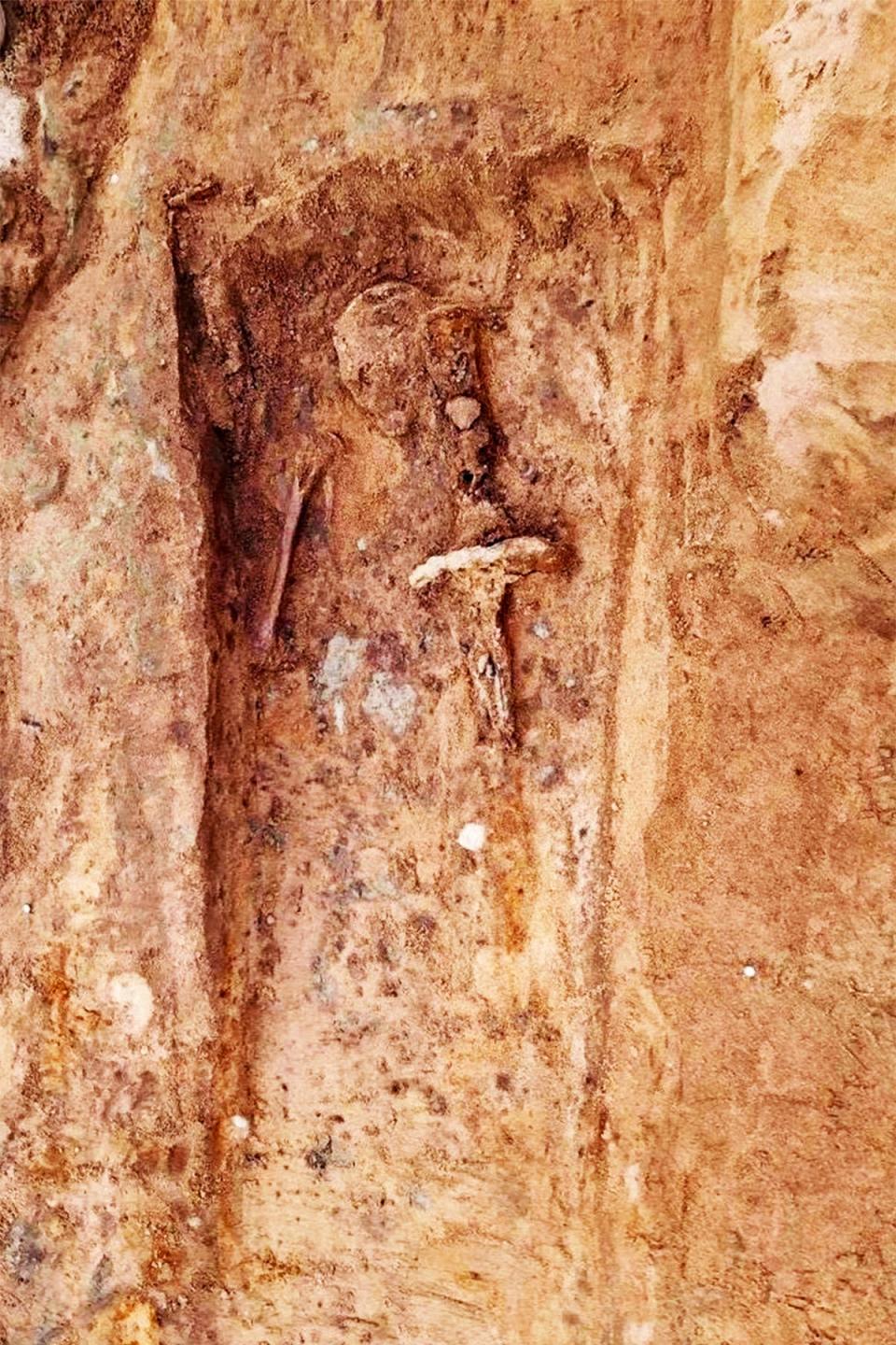 Foto de la tumba en la que se encontró la espada durante la excavación. Allí se puede observar un cráneo, la parte superior de uno de los brazos, y la espada ubicada sobre el lado izquierdo con su respectiva empuñadura. (Halland Cultural Environment)