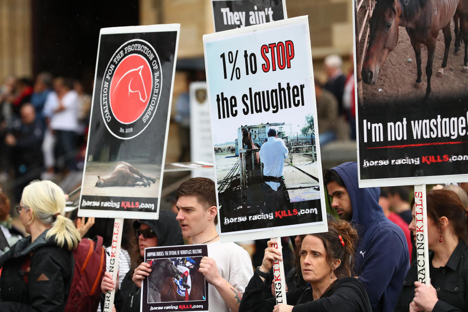 Seen here, horse racing protesters demonstrate during the 2019 Melbourne Cup Parade. 