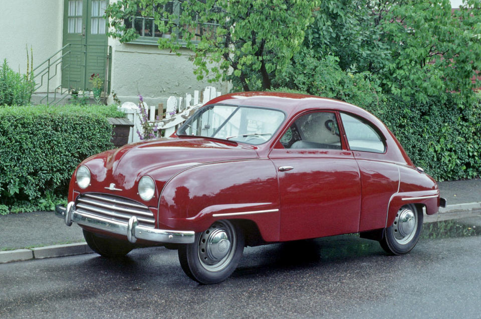 <p>Sadly Saab is no longer with us, but when it burst on to the scene in 1949 with its first car, the 92, it pioneered the <strong>safety cell</strong>. Saab's background was producing aircraft and this showed very clearly with the 92's aerodynamic design; the drag co-efficient was a deeply impressive <strong>0.30 Cd</strong> thanks to flush-fitting glass and faired-in headlights.</p><p>The car was quite narrow which meant a compact powerplant had to be fitted; Saab chose a 764cc water-cooled two-stroke two-cylinder unit inspired by contemporary DKWs. Despite producing just <strong>25bhp</strong>, the four-seat Saab 92 could get to <strong>65mph</strong> thanks to its slippery shape.</p><p><strong>Honourable mentions for 1949: </strong>Rover P4, Oldsmobile 88</p>