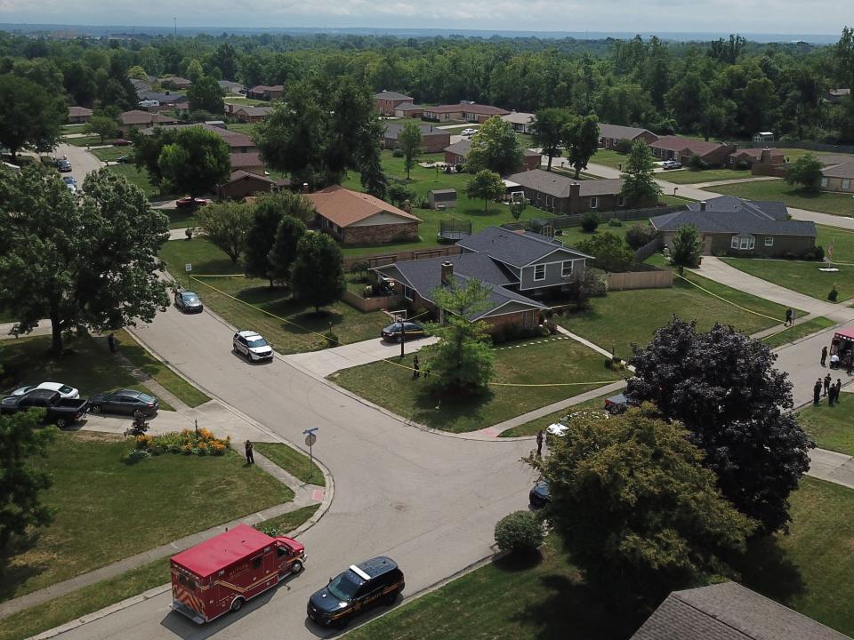 Sky 7 drone footage shows the ongoing shooting investigation at a Butler Twp. home. (Chuck Hamlin/Staff)