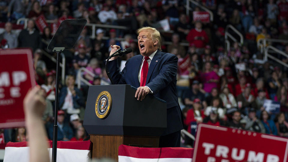 In this March 2, 2020, file photo, President Donald Trump speaks during a campaign rally at Bojangles Coliseum in Charlotte, N.C. (AP Photo/Evan Vucci, File)