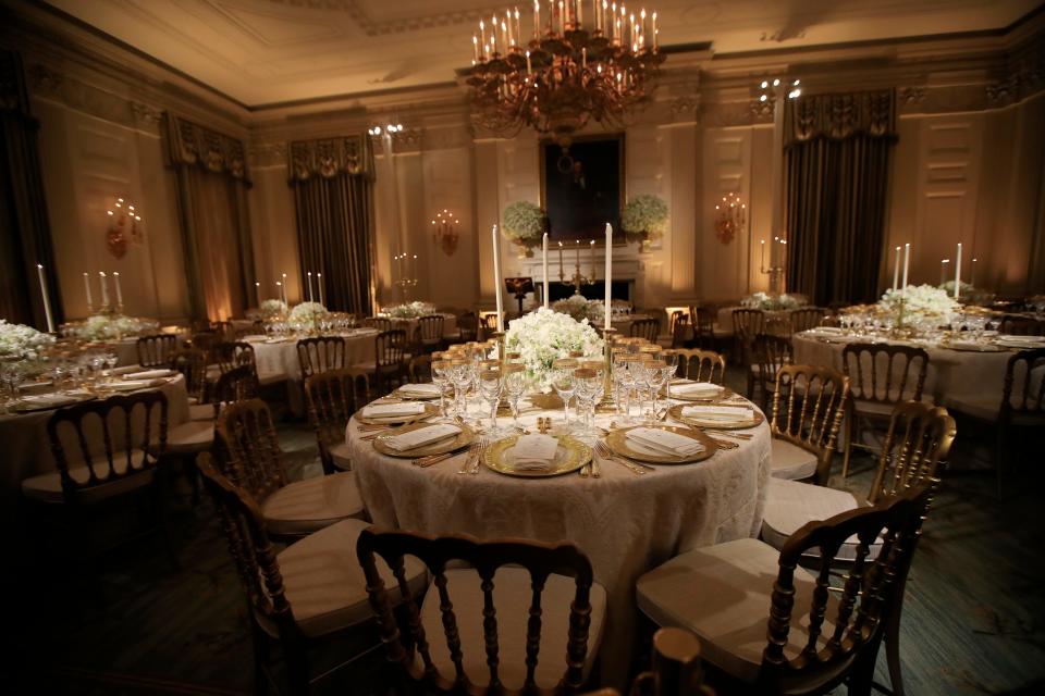 The State Dining Room at the White House set for French President Emmanuel Macron's visit in 2018