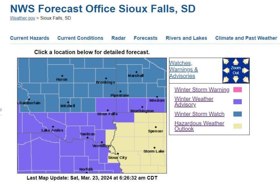 A winter weather advisory has been issued for Lincoln and Minnehaha counties from 7 a.m. to 7 p.m. Sunday, March 24, 2024.