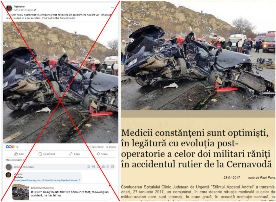 <span>Screenshot comparison of the photo used in the false posts (left) and the photo of the crash in Romania (right)</span>