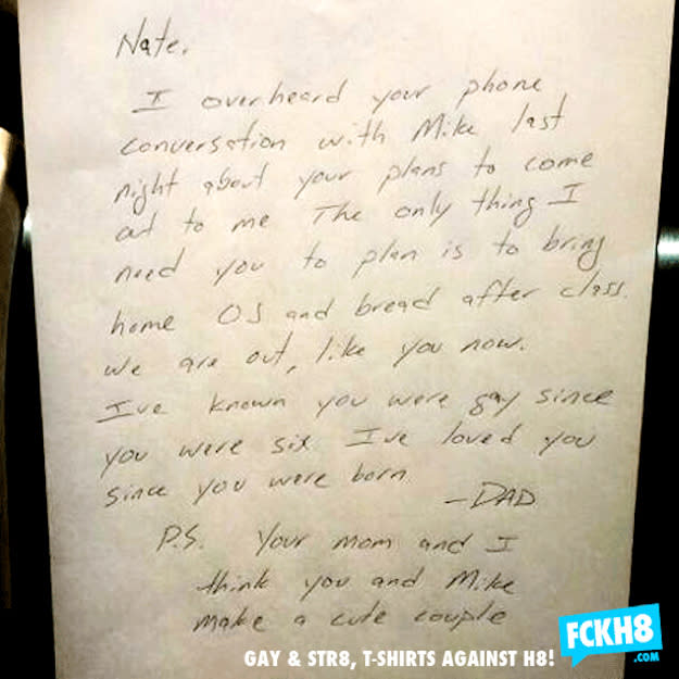 <div class="caption-credit">Photo by: FCKH8</div><p> <a rel="nofollow noopener" href="http://yhoo.it/XOsfSq" target="_blank" data-ylk="slk:Dad's Moving Letter to Gay Son;elm:context_link;itc:0;sec:content-canvas" class="link ">Dad's Moving Letter to Gay Son</a> <br> When one father overheard that his son "Nate" planning to come out, he wrote him a letter of love and acceptance that touched the hearts of hundreds of thousands of readers when it went viral. "The only thing I need you to plan is to bring home OJ and bread after class…known you were gay since you were six, I've loved you since you were born." It was a lesson to all parents about embracing your child for who he or she really is. </p>