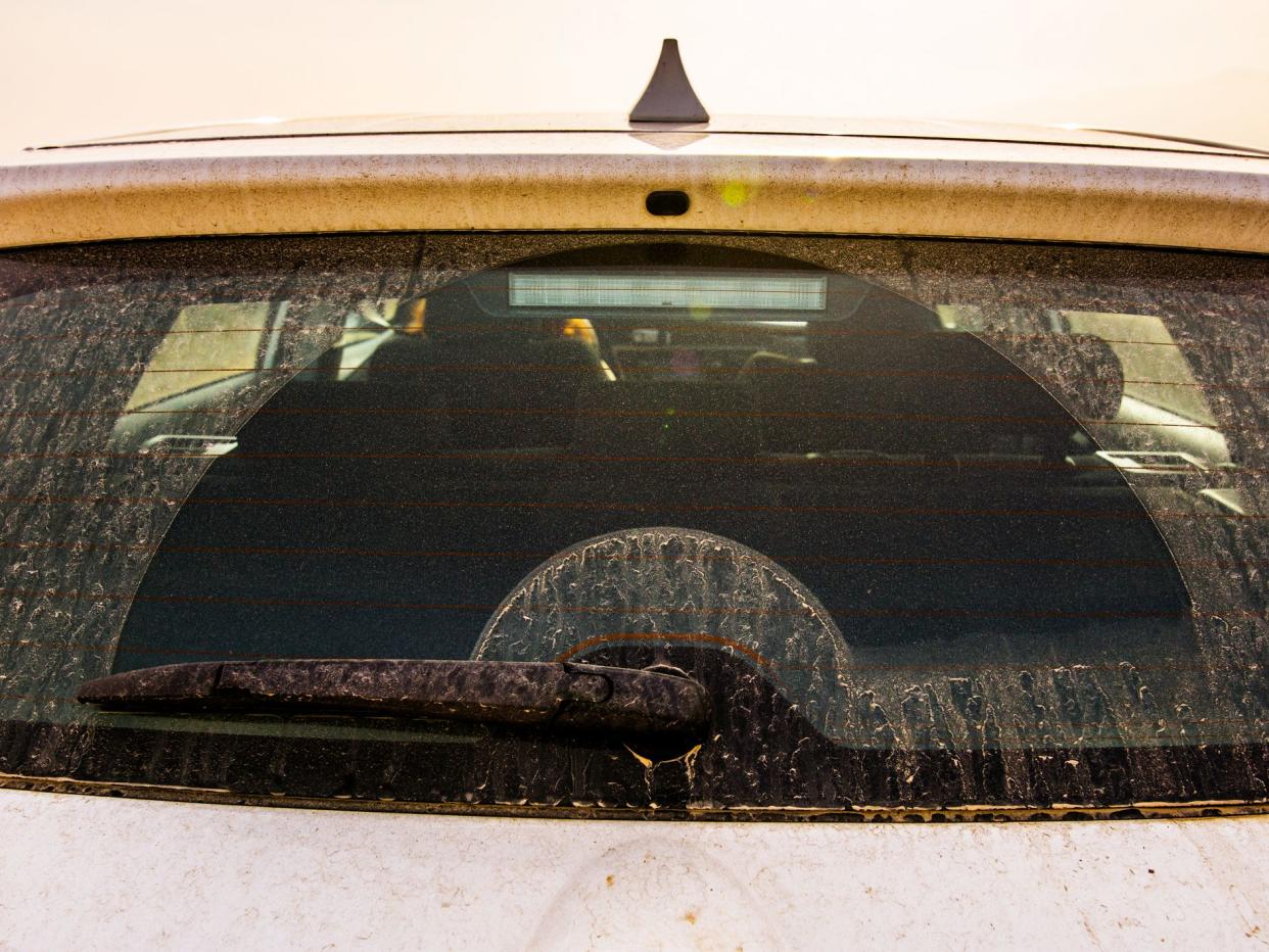 The back side of a car with dirt