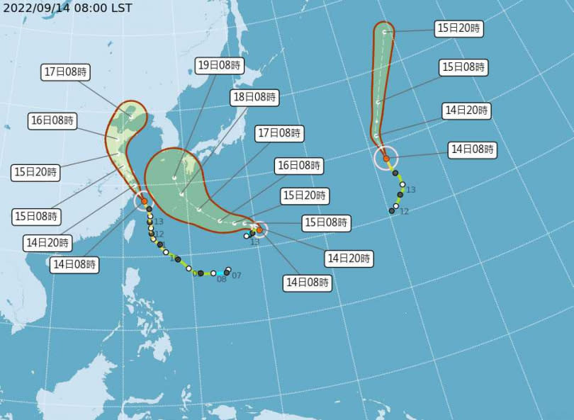 目前還在太平洋上的南瑪都，氣象局預測會一路往韓國上升，但歐洲卻認為有可能上升後南墜台灣，猶如當年的納莉颱風。（圖／氣象局）