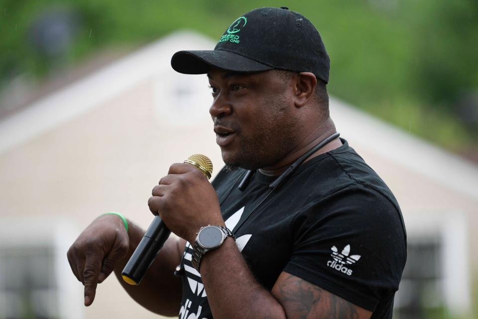 Project Manager Jerome Johnson speaks during a ceremony of a SEEED solar home at 1122 Texas Ave. in Knoxville, Tenn. on Friday, May 6, 2022. The solar powered home features three bedrooms and energy efficient technology and amenities.