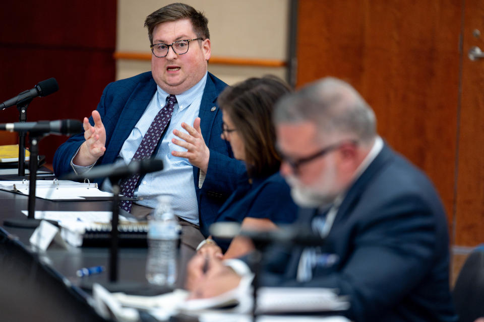 Assistant Attorney General Thomas Schneider speaks Tuesday during a special meeting of the new statewide Charter School Board at the Oklahoma History Center in Oklahoma City.