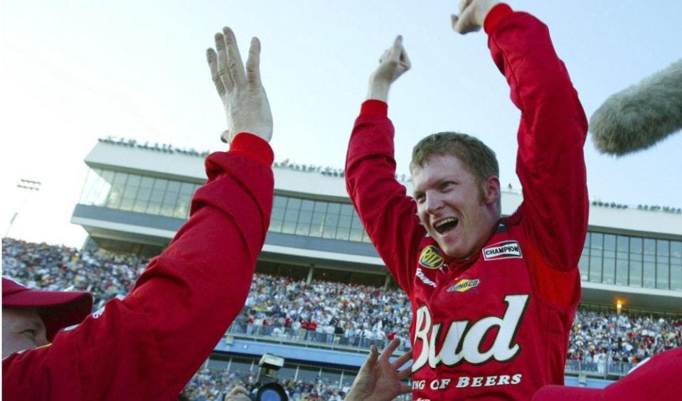Dale Earnhardt Jr. celebrates the first of his two Daytona 500 wins in 2004.