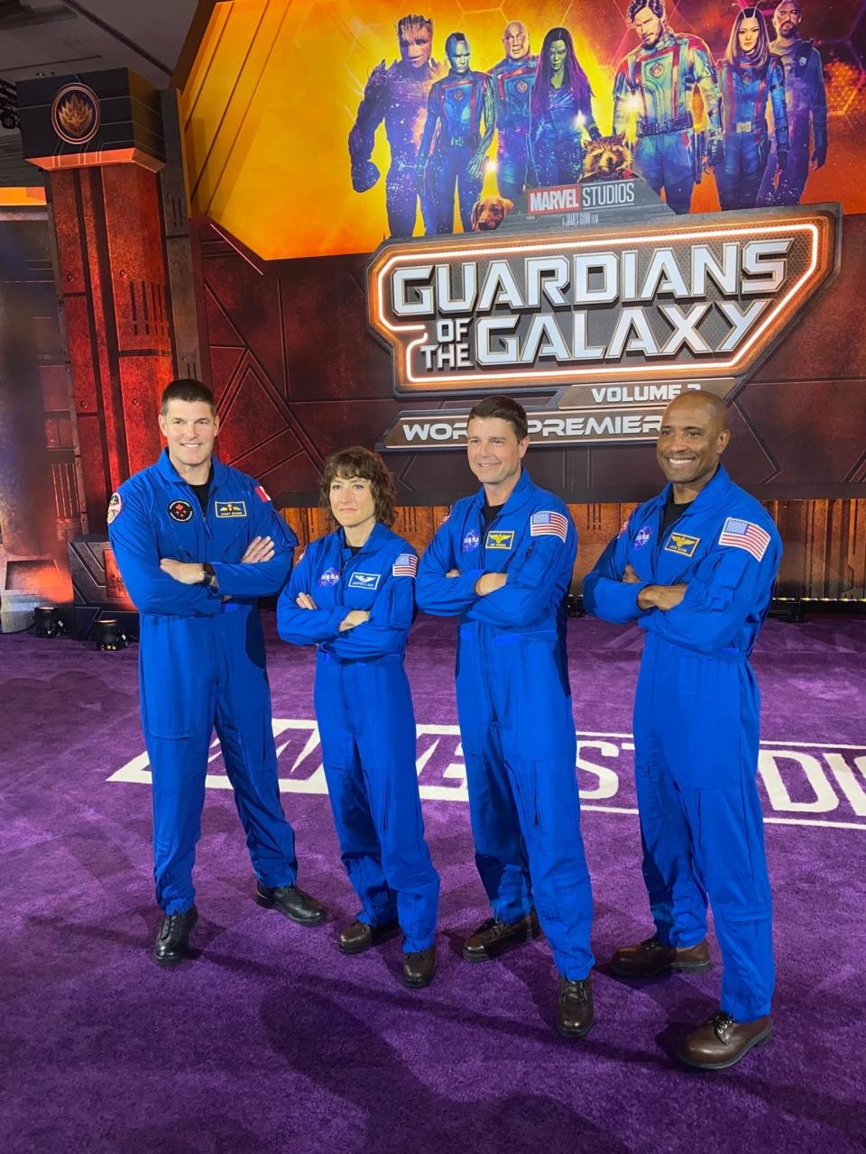 The four astronauts of NASA's Artemis II mission around the moon and back make an appearance at Marvel Studios' Guardians of the Galaxy Volume 3 movie premiere. From the left: Canadian Space Agency astronaut Jeremy Hansen, NASA astronauts Christina Hammock Koch, Reid Wiseman, and Victor Glover.