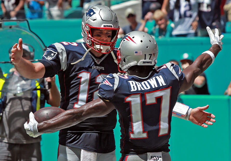 Tom Brady celebrates Antonio Brown's touchdown for the New England Patriots against the Miami Dolphins on Sept. 15, 2019. (Staff Photo By Matt Stone/MediaNews Group/Boston Herald)