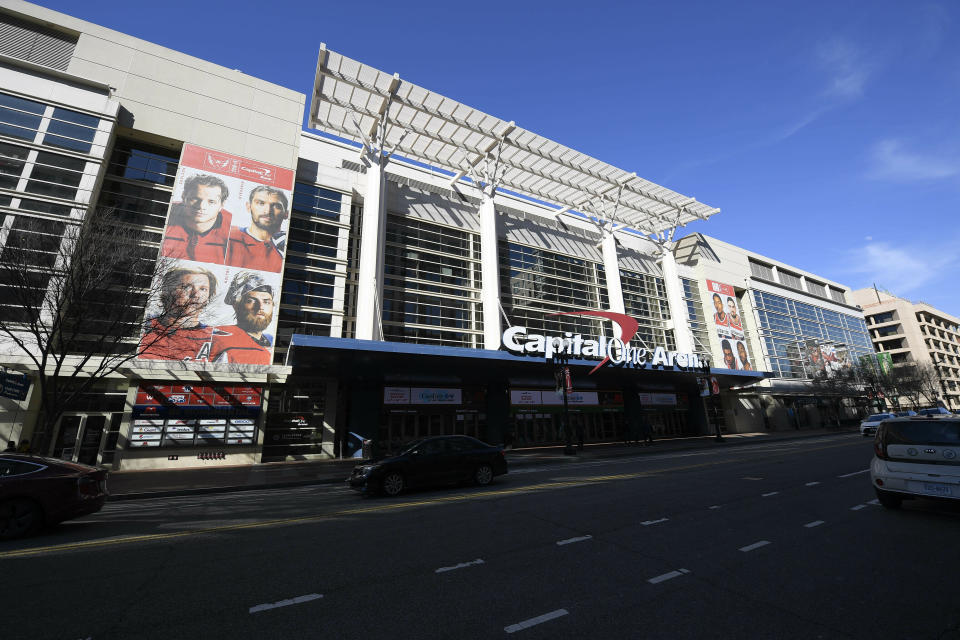 FILE - Exterior view of Capital One Arena, Saturday, March 16, 2019, in Washington. The NBA’s Washington Wizards and NHL’s Washington Capitals are staying in the District of Columbia. Owner Ted Leonsis and Mayor Muriel Bowser announced the development at a news conference at Capital One Arena on Wednesday, March 27, 2024. (AP Photo/Nick Wass, File)
