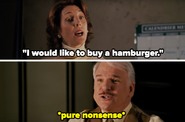 A woman saying "I would like to buy a hamburger" and a man making pure nonsense sounds