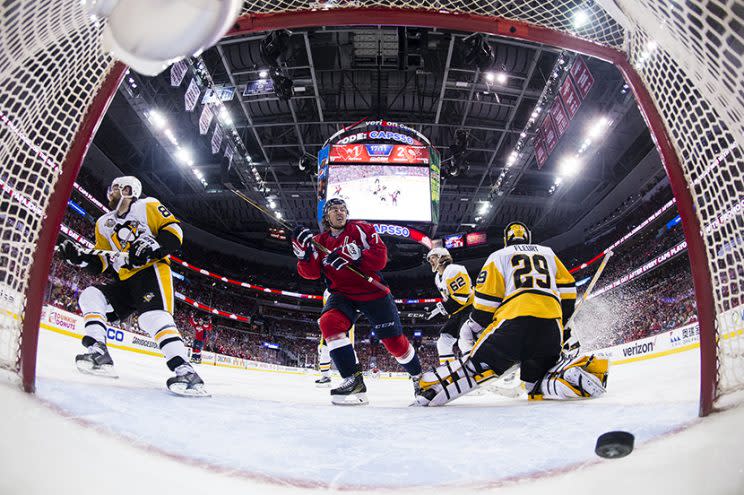 WASHINGTON, DC – MAY 06: Nicklas Backstrom #19 of the Washington Capitals (not pictured) scores a third period goal against Marc-Andre Fleury #29 of the Pittsburgh Penguins in Game Five of the Eastern Conference Second Round during the 2017 NHL Stanley Cup Playoffs at Verizon Center on May 6, 2017 in Washington, DC. (Photo by Patrick McDermott/NHLI via Getty Images)