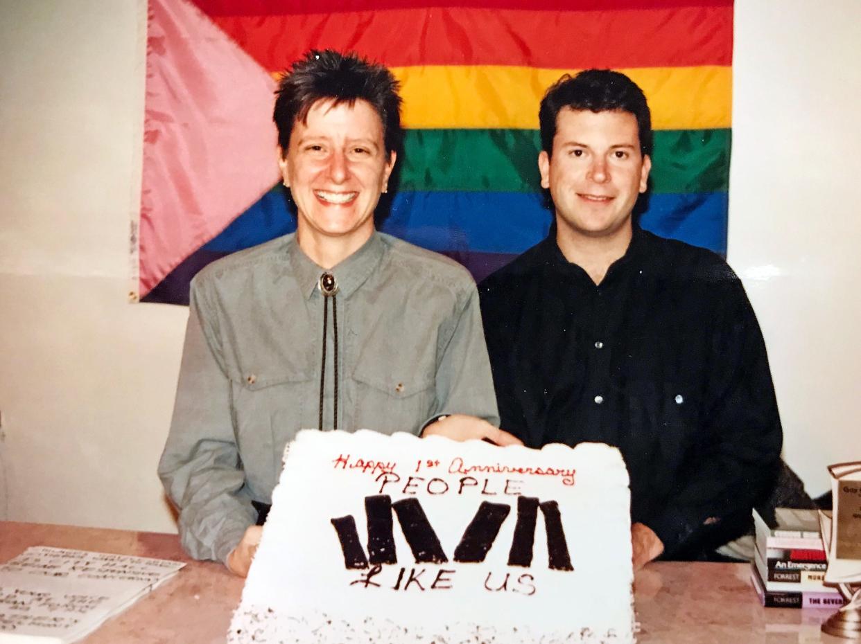 Carrie Barnett and her business partner Brett Shingledecker celebrating the one-year anniversary in 1989 of the LGBTQ bookstore, People Like Us, they opened in Chicago.