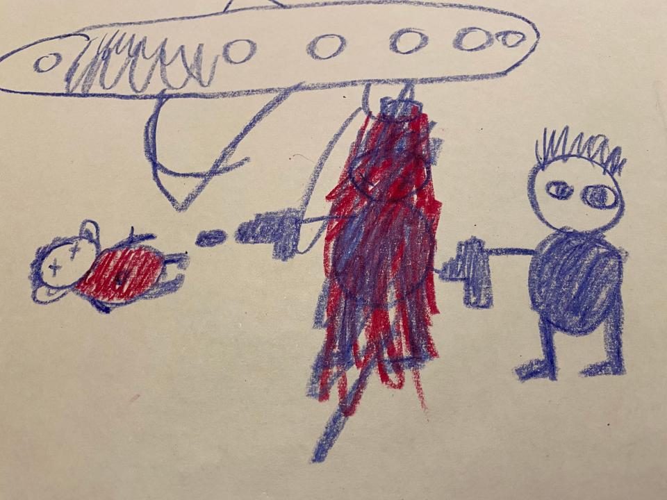 Sofia, 8, drew a picture of a Ukrainian soldier, right, killing a Russian soldier who had shot a girl.